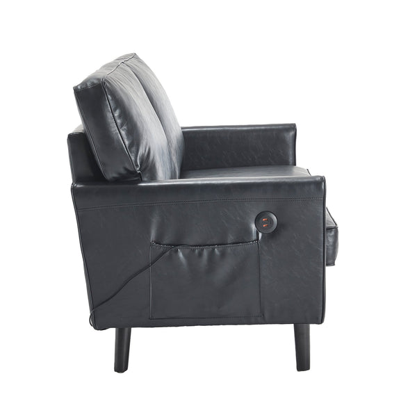 English Elm Loveseat Modern Mid-Century 2-Seater with USB Type-C Charging, Removable Zippered Covers, Sturdy Wood Legs Black PU W395P238820