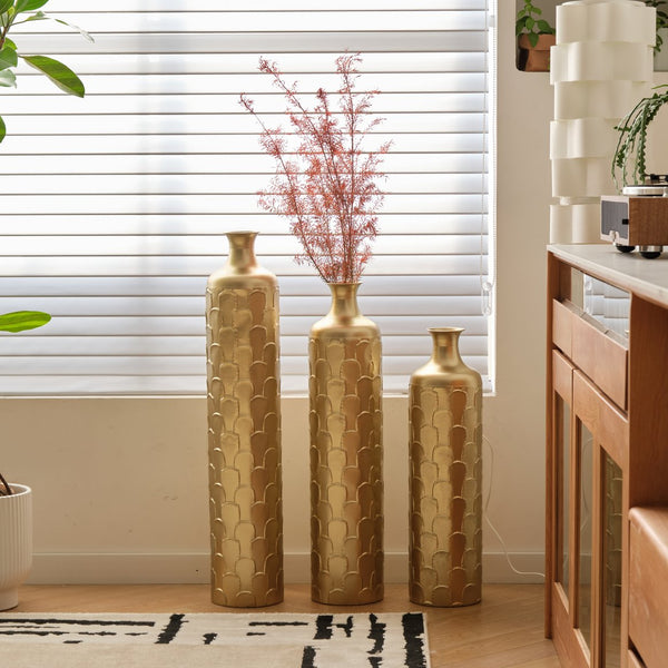 English Elm Floor Metal Vases Set Of 3 - Elegant Tall Decor With White And Gold Accents For Modern Interiors W2796P237520