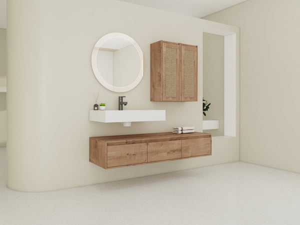 English Elm 60-Inch Wall-Mounted Bathroom Vanity With Integrated Resin Sink, Soft-Close Drawers & Elegant Oak Finish W999S00358