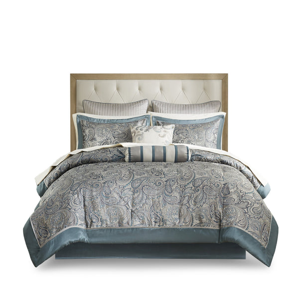 English Elm 12 Piece Comforter Set with Cotton Sateen Sheets Paisley Jacquard Bedding Queen Gray Accents Teal 19.29 L x 23.62 W x 12.2 H B035P148327