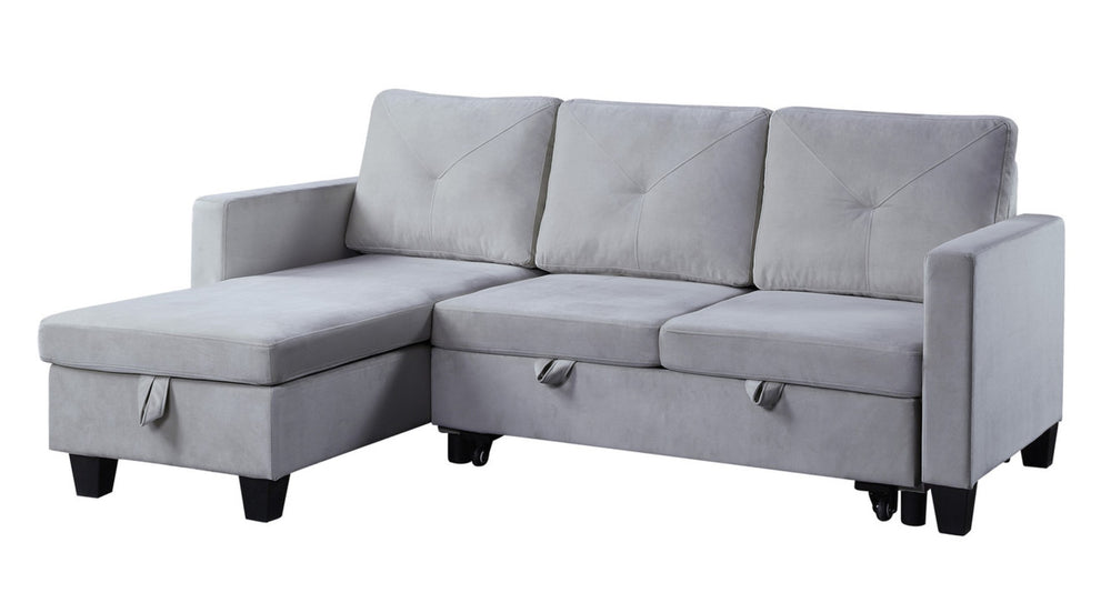 English Elm Novella Velvet Sleeper Sectional with Reversible Chaise and Hidden Storage for Small Spaces Light Gray B2749S00121