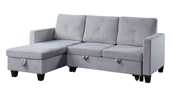 English Elm Novella Velvet Sleeper Sectional with Reversible Chaise and Hidden Storage for Small Spaces Light Gray B2749S00121