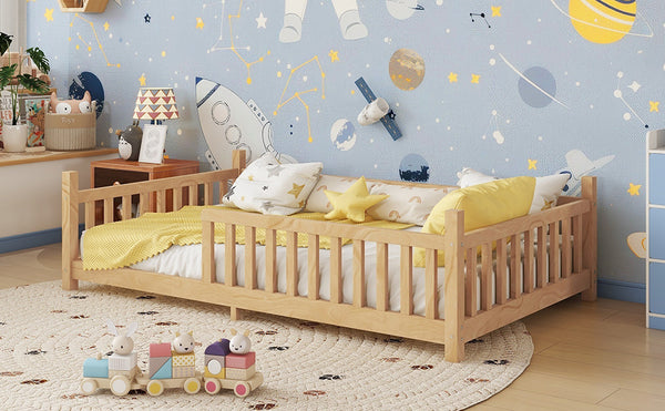 English Elm Twin House Bed with Roof and Guardrails, Low Floor Kids Playhouse Bed with Tent and Lights, Cozy Design Natural 80.91 L x 15.55 W x 6.5 H W2593P296911