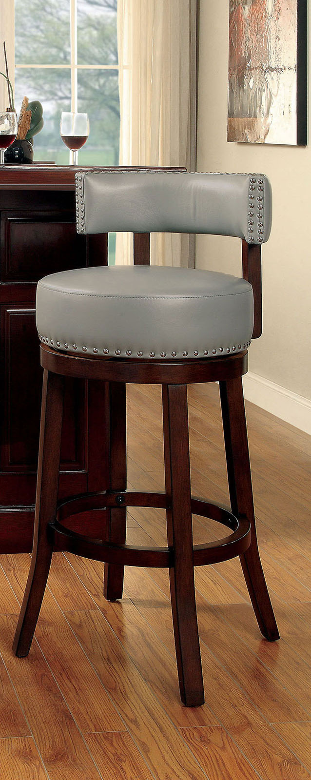 English Elm Bar Chairs Set Of 2 - Elegant Gray Upholstered Stools With Dark Oak Legs & Nailhead Trim For Comfort B2741P339272