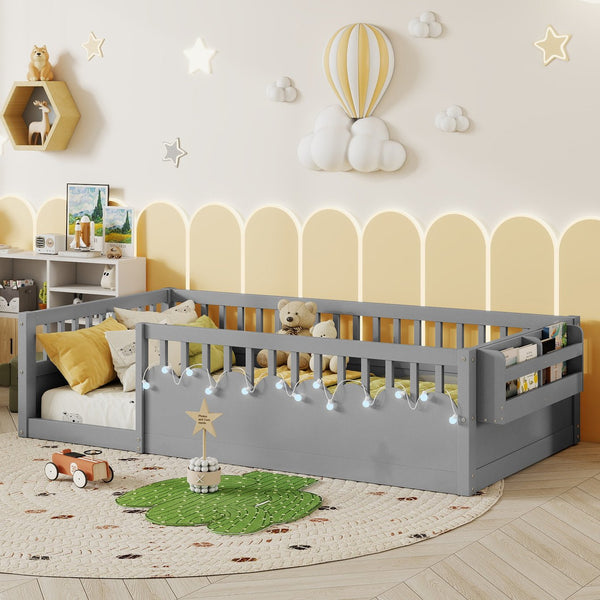 English Elm Twin Montessori Floor Bed Frame with High Rails and Built-In Light Shelf for Safe Independent Sleep Grey 79.13 L x 13 W x 6.3 H W2593P333797