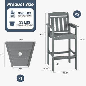 English Elm Tall Adirondack Chairs Set of 2 with Removable Tray & Umbrella Hole, Wood-Grain HDPE Bar Stools for Patio Comfort and Durability Grey T3623P408129