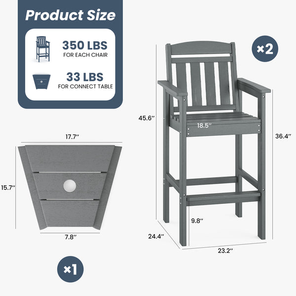 English Elm Tall Adirondack Chairs Set of 2 with Removable Tray & Umbrella Hole, Wood-Grain HDPE Bar Stools for Patio Comfort and Durability Grey T3623P408129