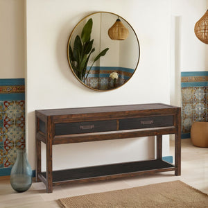 English Elm Two-Drawer Rustic Two-Tone Sofa Table 60" Fully Assembled Pine Console with 2 Drawers, Shelf, Brass Hardware B108P163821