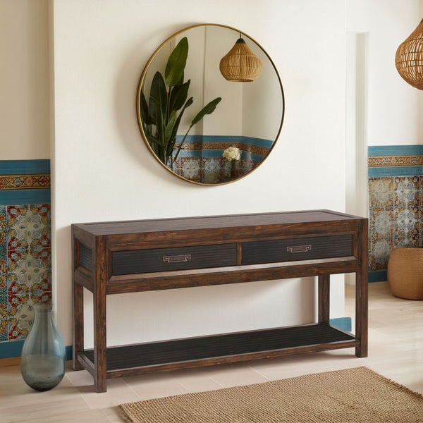 English Elm Two-Drawer Rustic Two-Tone Sofa Table 60" Fully Assembled Pine Console with 2 Drawers, Shelf, Brass Hardware B108P163821