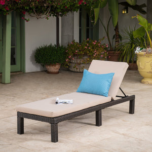 English Elm Christopher Knight Home® - PUERTA Chaise Lounge with Water-Repellent Beige Cushion, Dark Brown PE Rattan Frame, All-Season Comfort N775P247421B