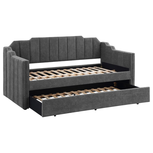 English Elm Pressley Charcoal Upholstered Twin Daybed with Trundle — Modern Channel-Tufted Wood Frame, Cozy Guest Seating for Small Spaces B062S01011