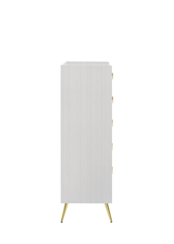 English Elm White Five-Drawer Chest with Metal Legs, Knob Handles, Durable Storage Organizer for Bedroom Elegance B062P209053