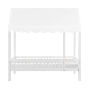 English Elm Gray Finish Canopy Platform Bed Scalloped Fabric Cover Solid Wood Twin Frame White B011P463889