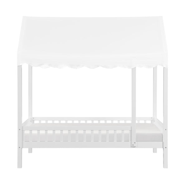 English Elm Gray Finish Canopy Platform Bed Scalloped Fabric Cover Solid Wood Twin Frame White B011P463889