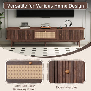 English Elm Modern TV Stand for 75" TVs with Rattan-Front Drawer, Solid Wood Legs, Sliding Doors & Spacious Storage N710P257609P