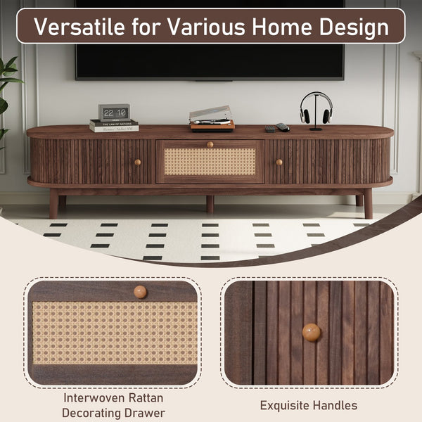 English Elm Modern TV Stand for 75" TVs with Rattan-Front Drawer, Solid Wood Legs, Sliding Doors & Spacious Storage N710P257609P