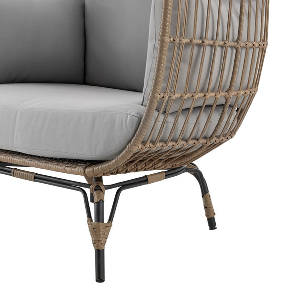 English Elm Spezia Freestanding Egg Chair with Removable Waterproof Cushions, Steel Rattan Frame for Indoors Outdoors Cream+Grey B365P397661