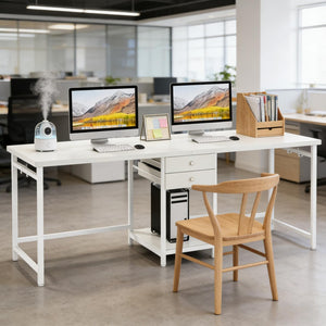 English Elm Computer Desk Two Person Wood Grain Workstation with Drawers for Shared Home Office White T3971P453460