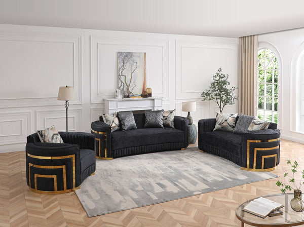 English Elm Soledad Luxurious G00523A-L Black Loveseat with Gold Chrome Accents, Deep 23" Seats & 3 Pillows B078S00630