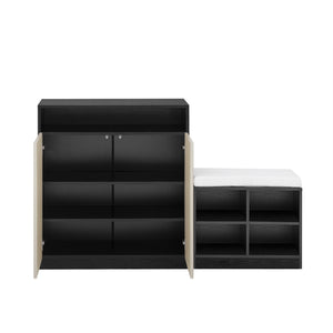 English Elm U_style Entryway Console Set with Wavy Doors Cushioned Bench and Adjustable Shoe Storage N711P345166B