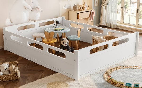 English Elm Queen Low Profile Floor Bed Pine Wood Frame Japandi Minimalist Bedroom Design White W1580P438794