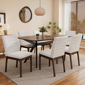 English Elm Christopher Knight Home® - 7-Pieces Upholstered Dining Set with Rubberwood Frame, Mid-Century Modern, Channel-Stitch Chairs Black + Dark Walnut,Light beige 73471.00LBGE_6_N768P247991W