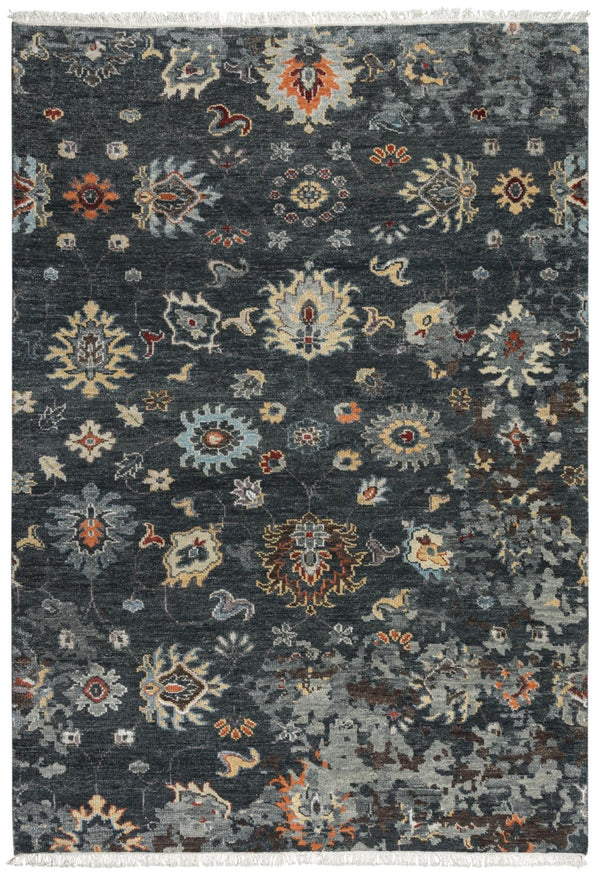 Alora Decor Muse Hand-Knotted Gray Floral Rug In Hand-Spun Wool With Charcoal Field And Ivory Fringe Elegance 4' x 6' 01901910200160406