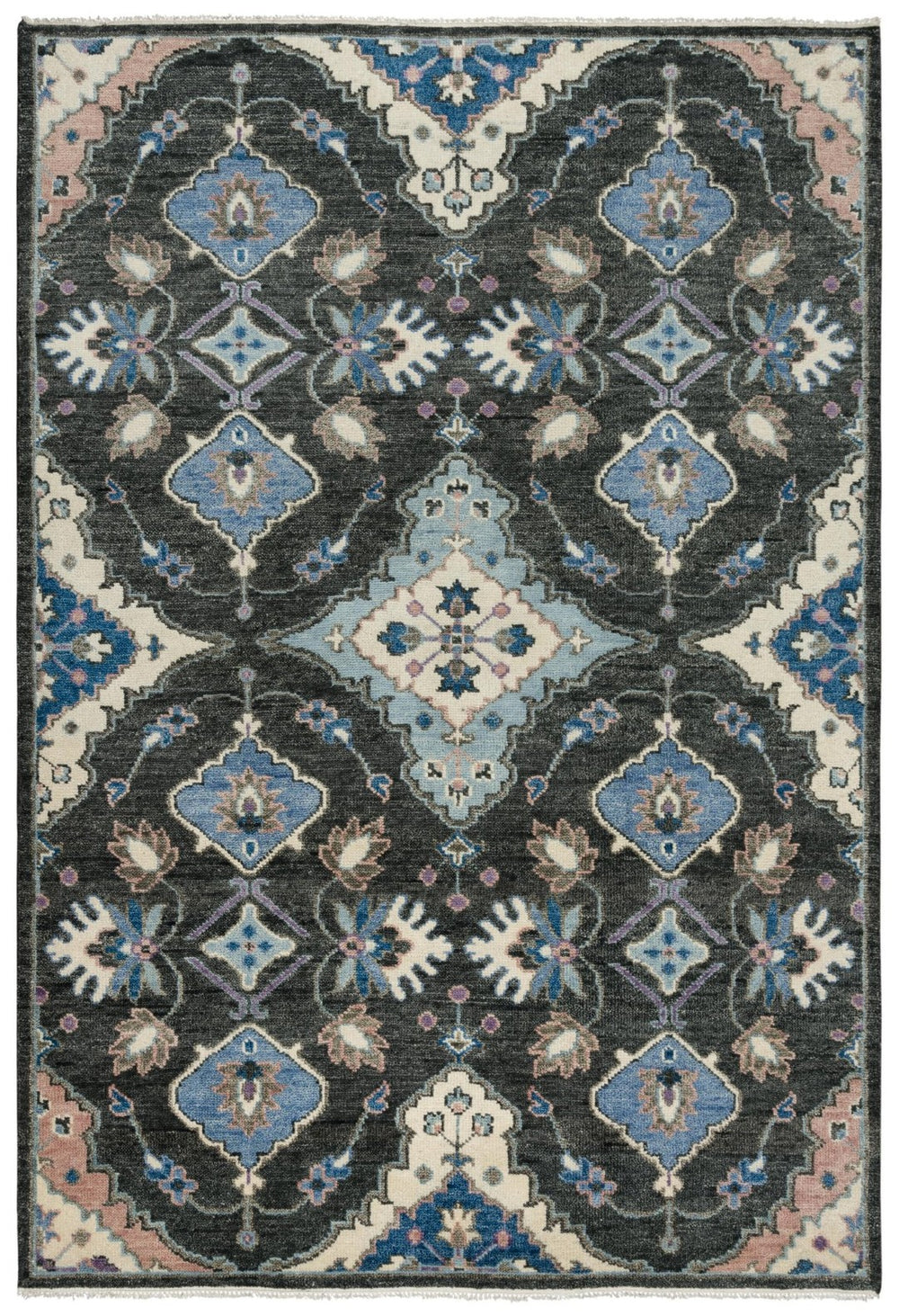 Alora Decor Muse Gray Hand-Knotted Wool Rug With Charcoal, Ivory And Vivid Blue Floral Medallion, Artisanal Warmth And Texture 9' x 12' 01901910400160912