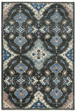Alora Decor Muse Gray Hand-Knotted Wool Rug With Charcoal, Ivory And Vivid Blue Floral Medallion, Artisanal Warmth And Texture 9' x 12' 01901910400160912