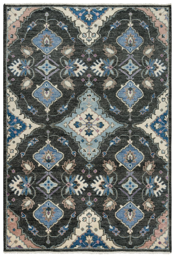 Alora Decor Muse Gray Hand-Knotted Wool Rug With Charcoal, Ivory And Vivid Blue Floral Medallion, Artisanal Warmth And Texture 9' x 12' 01901910400160912