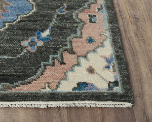 Alora Decor Muse Gray Hand-Knotted Wool Rug With Charcoal, Ivory And Vivid Blue Floral Medallion, Artisanal Warmth And Texture 9' x 12' 01901910400160912