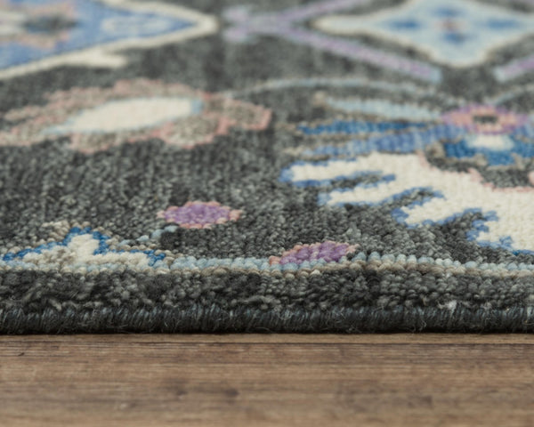 Alora Decor Muse Gray Hand-Knotted Wool Rug With Charcoal, Ivory And Vivid Blue Floral Medallion, Artisanal Warmth And Texture 9' x 12' 01901910400160912
