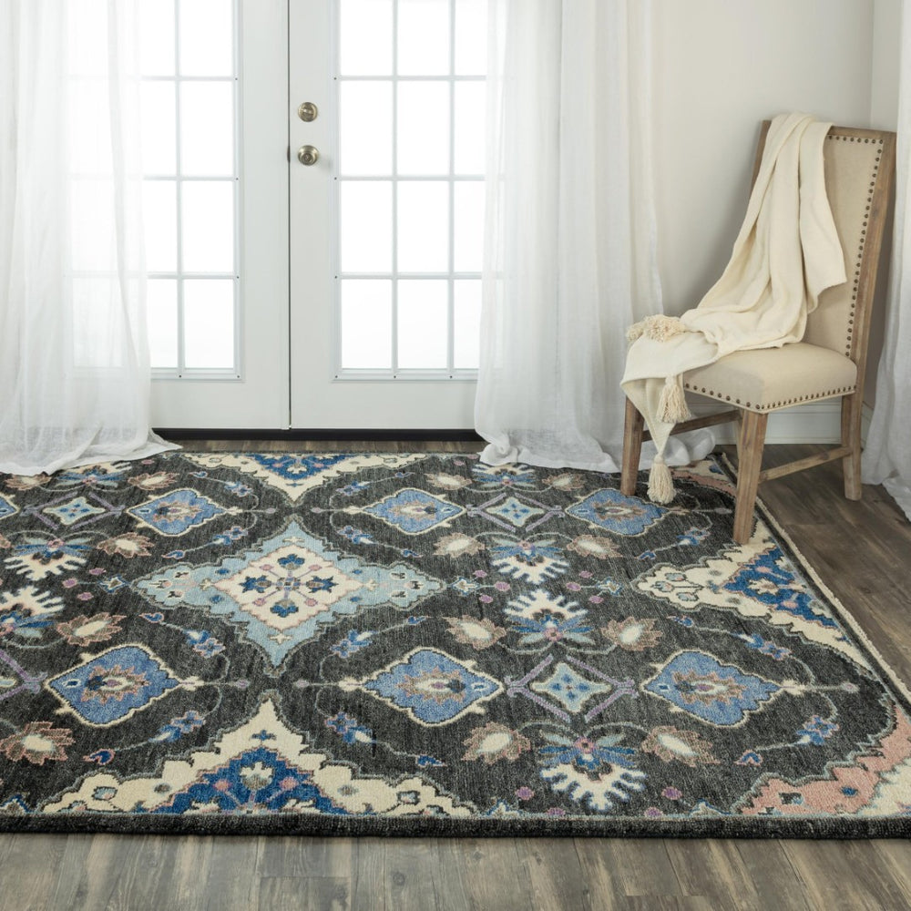 Alora Decor Muse Gray Hand-Knotted Wool Rug With Charcoal, Ivory And Vivid Blue Floral Medallion, Artisanal Warmth And Texture 9' x 12' 01901910400160912