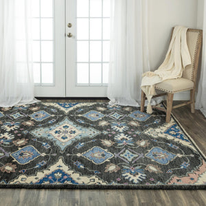 Alora Decor Muse Gray Hand-Knotted Wool Rug With Charcoal, Ivory And Vivid Blue Floral Medallion, Artisanal Warmth And Texture 9' x 12' 01901910400160912