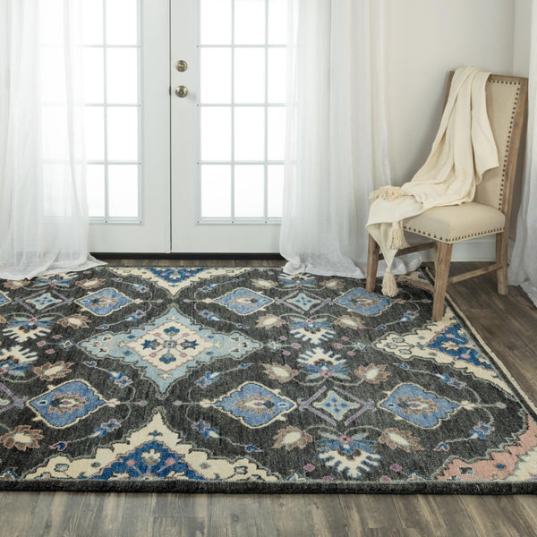 Alora Decor Muse Gray Hand-Knotted Wool Rug With Charcoal, Ivory And Vivid Blue Floral Medallion, Artisanal Warmth And Texture 9' x 12' 01901910400160912