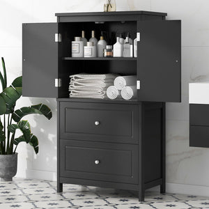 English Elm Bathroom Storage Cabinet with Two Doors and Drawers, Adjustable Shelf, MDF Finish, Slim 28"L x 15"W Black N725P188460B