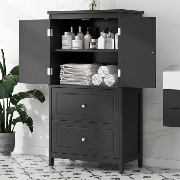English Elm Bathroom Storage Cabinet with Two Doors and Drawers, Adjustable Shelf, MDF Finish, Slim 28"L x 15"W Black N725P188460B