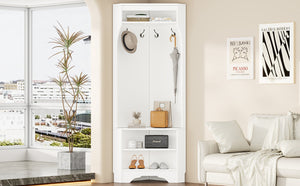 English Elm Minimalist White Corner Hall Tree with Bench Shoe Storage and Four Entryway Hooks N721P401788K