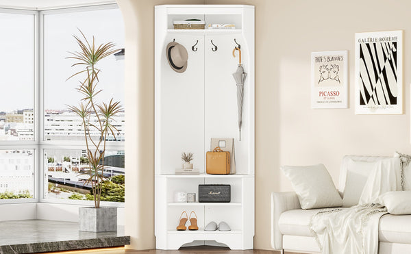 English Elm Minimalist White Corner Hall Tree with Bench Shoe Storage and Four Entryway Hooks N721P401788K
