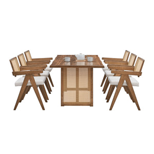 English Elm 70.87 Inch Large Rectangular Dining Set,5 Piece s Wooden Dining Table and Chairs,Mid Century Modern Large Kitchen Set For Living Room,Bohemian Dining Table With Rattan Weave For Restaurant,Office,Oak