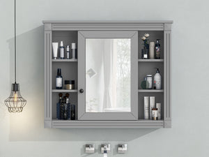 English Elm 35'' Modern Medicine Cabinet with Mirror and Towel Rod, MDF Wall-Mounted Bathroom Storage with Adjustable Shelves and Soft-Close Hinges Grey WF305081AAE
