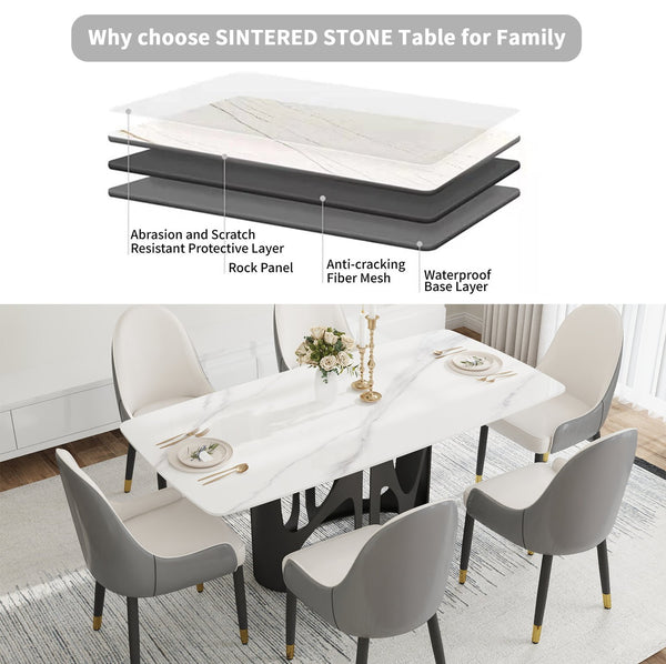 English Elm 70.86" Modern Sintered Stone Dining Table With Curved White Top & Black Iron Legs For 6-8 People W1535S00430