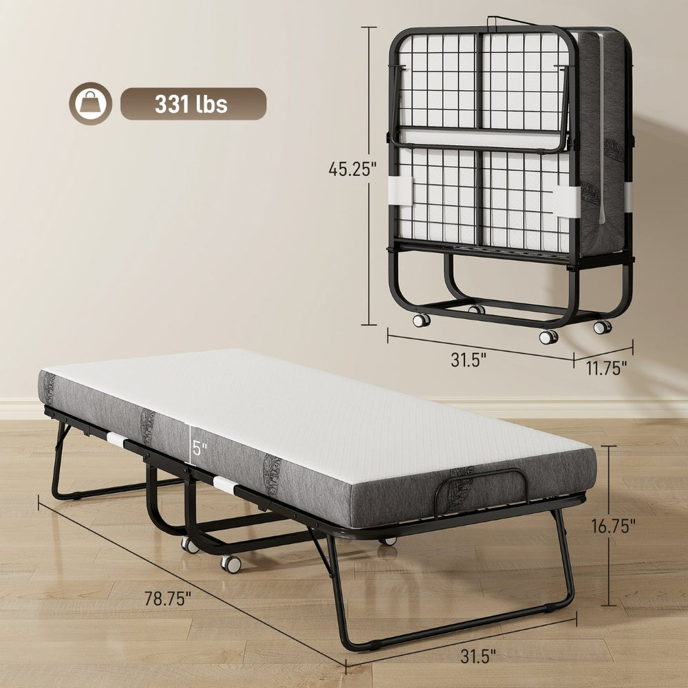 English Elm Folding Bed with Memory Foam Mattress Steel Frame Guest Sleep Solution T3971P390924