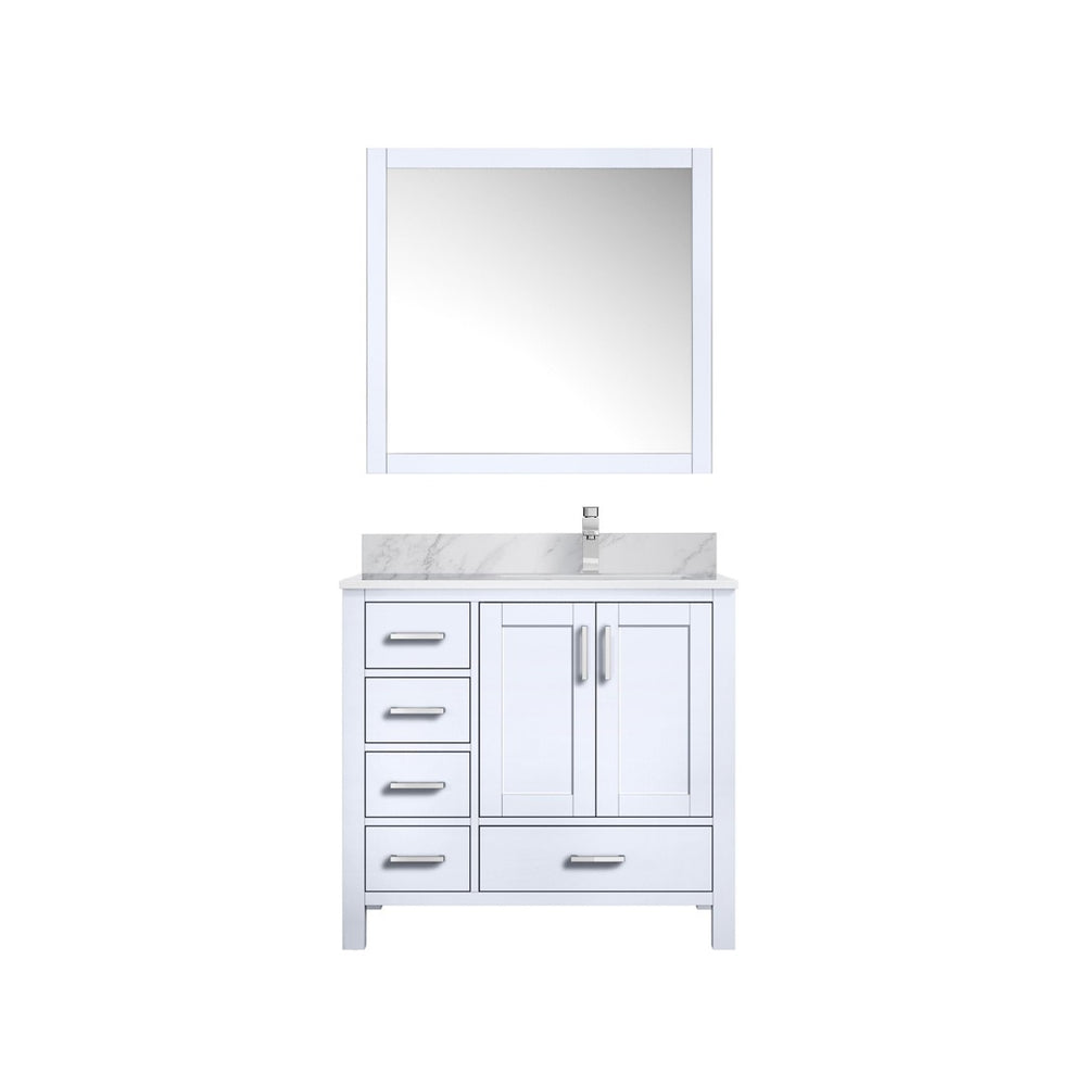 English Elm White Bath Vanity Set With Right Offset Carrara Marble Top, Chrome Faucet & 34" Mirror - Elegant Design! B2731S01257-GIGA