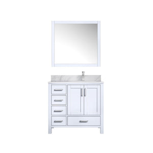 English Elm White Bath Vanity Set With Right Offset Carrara Marble Top, Chrome Faucet & 34" Mirror - Elegant Design! B2731S01257-GIGA