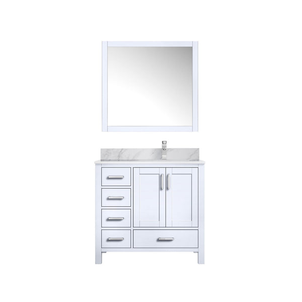 English Elm White Bath Vanity Set With Right Offset Carrara Marble Top, Chrome Faucet & 34" Mirror - Elegant Design! B2731S01257-GIGA