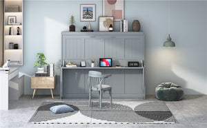 English Elm Full Size Murphy Bed With Hydraulic Lift & Integrated Desk For Space-Saving, Gray Pinewood Design N820S00032E