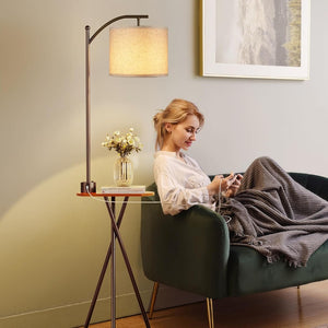 English Elm Floor Lamp with Built-in Side Table Usb Charging Remote Dimming for Living Room Brown W3355P440816
