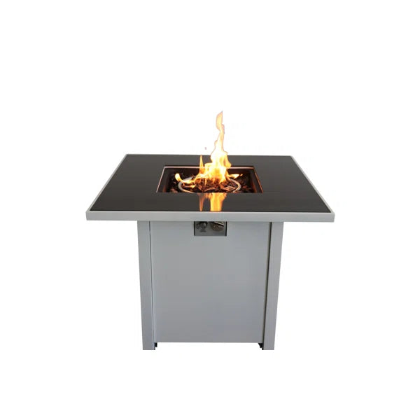 English Elm 30" Metal Fire Pit Square Table with Smoked Glass Top, 40,000 BTU, Lava Rocks, Propane/Natural Gas Compatible B120S00050