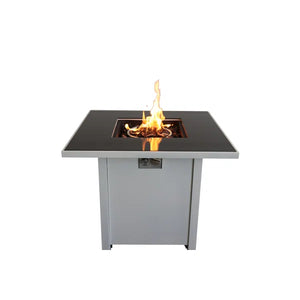 English Elm 30" Metal Fire Pit Square Table with Smoked Glass Top, 40,000 BTU, Lava Rocks, Propane/Natural Gas Compatible B120S00050
